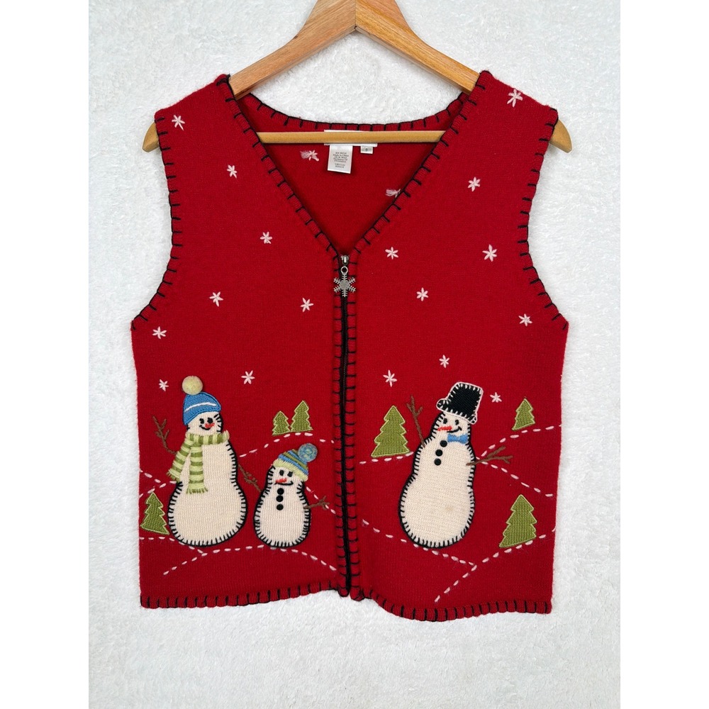 Coldwater Creek Christmas Sweater Vest S Red Festive Wool Snowman Holiday Zip